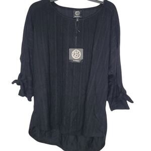 Bobeau Small black top blouse round hem tie sleeves stripes casual round neck